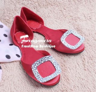   Square Crystal Rhinestone Buckle Flats Cut Out Ballets Shoes