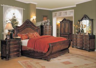   Cherry Sleigh Bed 5piece Bedroom Furniture Set w Marble Tops