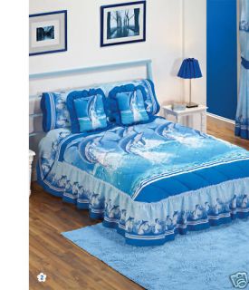 New Blue Dolphins Bedspread Bedding Set Twin Curtains
