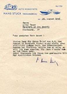 Hans Stuck Autograph Auto Union Typed Letter Signed