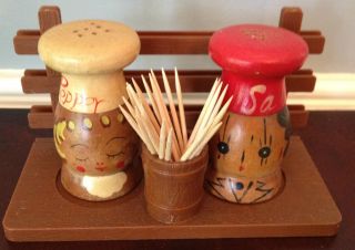 Vintage Wooden People Salt and Pepper Shakers Toothpick Holder Made in 