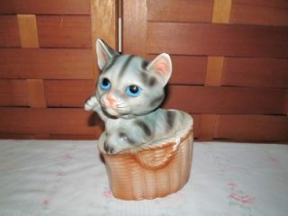 vintage blue eyed kitten cat in baskett collectible