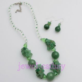 New Green Round Jade Crystal Beads Necklace Earring Set