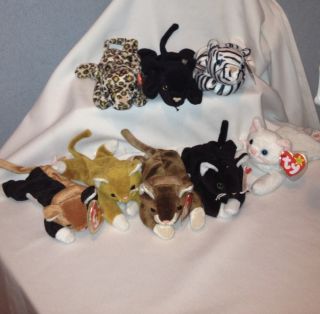 LOT OF 8 RETIRED TY BEANIE BABIES CATS Pounce Chip Freckles Flip 