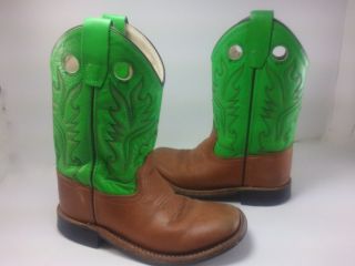Old West Kids Brown Green Square Toe Western Cowboy Boots Size 10 