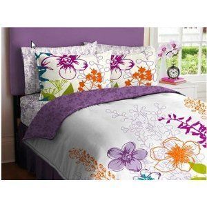   Orange White Girls Multi Flower Twin Comforter Set Bed in A Bag