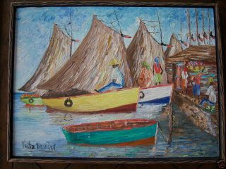 Haitian Sailboat Oil Painting on Masonite Fritz Bernier