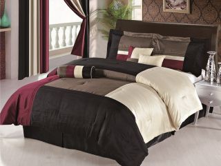   Silk Burgundy Beige Black Brown Comforter Set Bed in a bag, Queen Size
