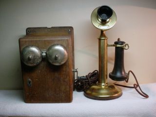 ANTIQUE AMERICAN BELL CANDLE STICK TELEPHONE PHONE W BOX CRANK