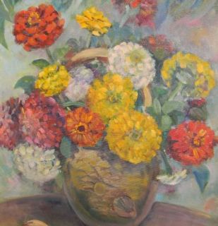 Vintage Oil Painting Thelma Childers 1902 2004 Zinnias Floral Still 