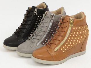   Leather Studs Wedge Heels Hi Top Sneakers Platform Shoes Boots
