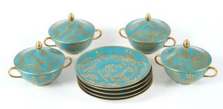 teal gold tea set saucers cups belvaux royale paris