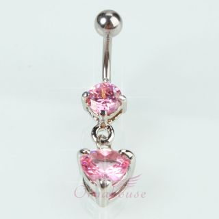   Heart Barbell Navel Belly Bars Ring Pink Crystal Body Piercing Jewelry
