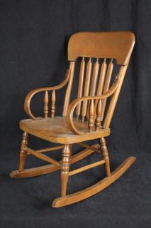 L113P Antique 1920s Oak Childs Rocking Chair Bentwood Arms Plank Seat 