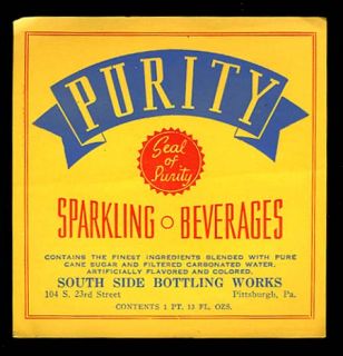   1940s Soda pop BOTTLE & NECK Labels PURITY BEVERAGES Pittsburgh Pa