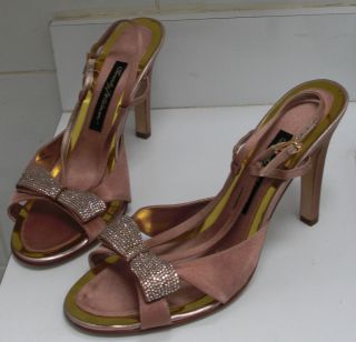 Beverly Feldman Pink Sandals Slingbacks Heels Swarovski Crystals Bows 