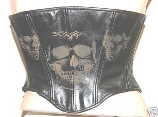Leather Buckle Corset Black w Engraved Skulls Gothic