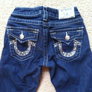 True Religion Women Billy Clear Crystal Rhinestone Jeans Dark Wash 