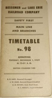 Bessemer Lake Erie Railroad 1959 System Employee Timetable