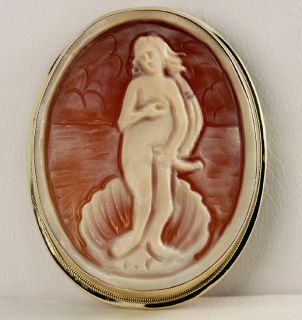 BIRTH OF VENUS CARVED SHELL CAMEO PENDANT BROOCH 14K YELLOW GOLD