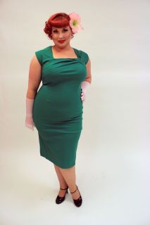 Bettie Page Holiday Green Ella 50s Fitted Boardwalk 60s Pencil Dress 