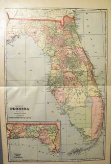 Large C 1895 Florida Map Everglades Keys Railroads