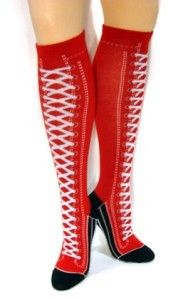 Red N Black Knee High Boot Lace Cotton Socks Novelty