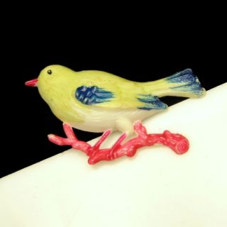   Vintage Carved Painted Figural Bird Brooch Pin Yellow Red Blue