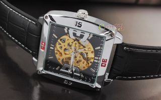 Black Steel Case Mens Gold Automatic Self Winding Analog Wrist Watch 