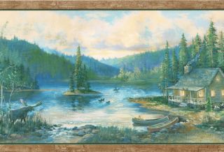   Cabin Canoes Ducks Birch Trees Country Wallpaper Wall Border