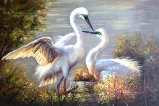 Florida Everglades Tropical White Heron Egret Birds 24X36 Oil Painting 