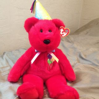 Ty 14 Happy Birthday Beanie Buddy Plush Stuffed Bear Red wih Balloons 