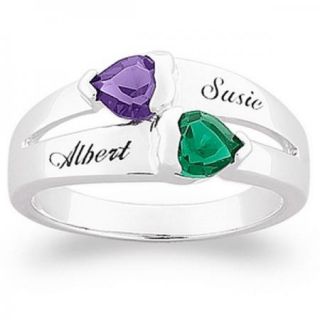   STERLING SILVER COUPLES HEART CUT NAME BIRTHSTONE RING   CUSTOMIZED