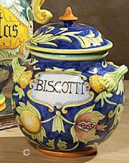 Hand Painted Biscotti Blue Ceramic Canister Jar Home Decor New