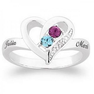 PERSONALIZED STERLING SILVER COUPLES OPEN HEART NAME BIRTHSTONE RING