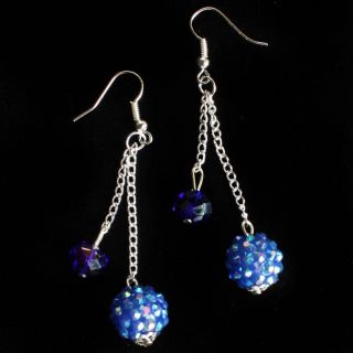 Blue Crystal Ball Bling Two Tier Silver Link Dangle Women Earrings 