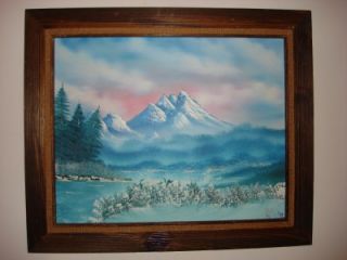 Vintage Oil Paint Snow Mountain Blue Forest Lake View