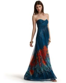 Aqua New Blue Strapless Pattern Sheer Empire Full Length Formal Dress 