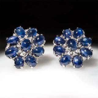 Fine Natural Blue Star Sapphire & Diamond Cluster Earrings Solid 18K 