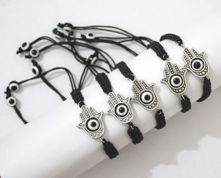Adjustable Black String Bracelets with Lucky Hamsa Hand and 