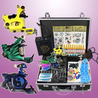 Tattoo Kit 3 Machine Guns LCD Power Supplies 10 Ink Needles Equipment 