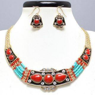 Necklace Set Blue Black Beads Gold Colorful Costume Jewelry Stones 