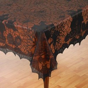 Halloween Black Lace Cobwebs Tablecloth Cloth w Orange Liner 3 Sizes U 