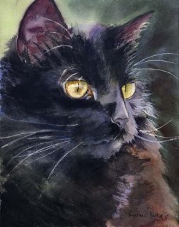 Print Watercolor Painting Black Cat Art Alert