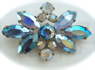   Art Deco Silver Tone Brooch Pin Czech Aurora Borealis Blue Clear Glass