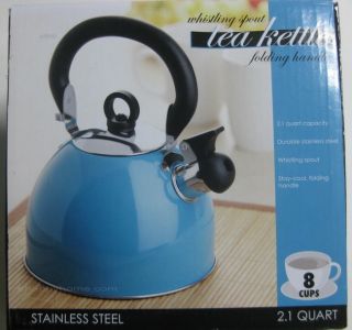 Whistling Spout Tea Kettle 8 Cups Aqua Stainless Steel with Stay Cool 