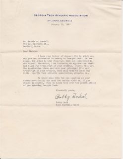 Georgia Tech Football Coach Bobby Dodd Signed Letter 1947