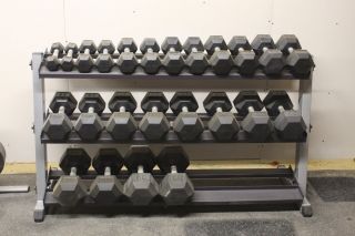 Body Solid Rubber Coated Hex Dumbell Set 5 60 lb Pairs with Three Tier 