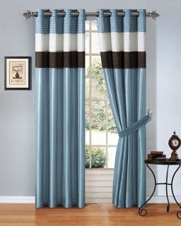 4pcs Faux Silk Blue Brown Beige Window Curtain Panel Set w White Sheer 