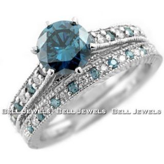 82ct Blue Diamond Matching Engagement Wedding Ring Set 14k White 
